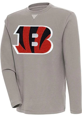 Antigua Cincinnati Bengals Mens Oatmeal Chenille Logo Flier Bunker Long Sleeve Crew Sweatshirt