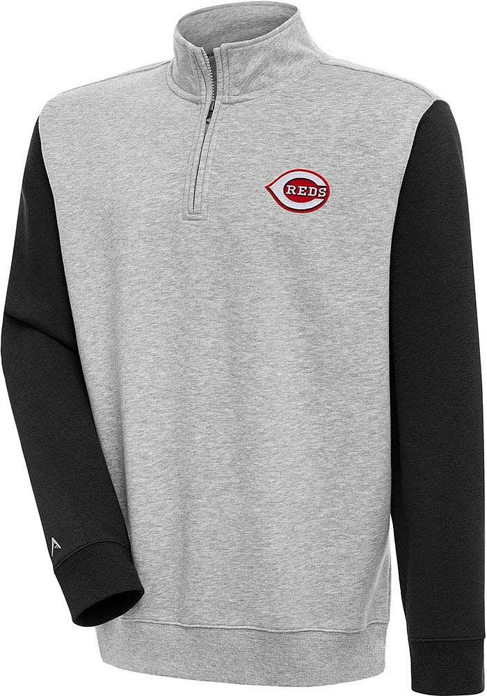 Antigua Cincinnati Reds Mens Grey Victory Colorblock Long Sleeve Qtr Zip Pullover