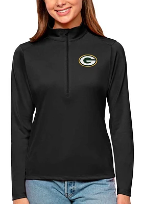 Antigua Green Bay Packers Womens Black Tribute Design Qtr Zip Pullover