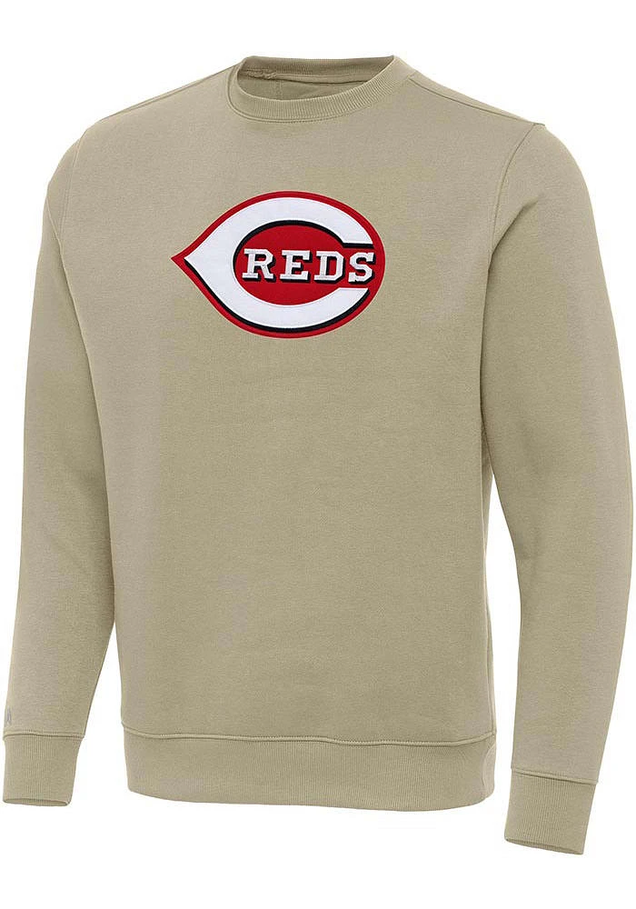 Antigua Cincinnati Reds Mens Khaki Full Front Victory Long Sleeve Crew Sweatshirt