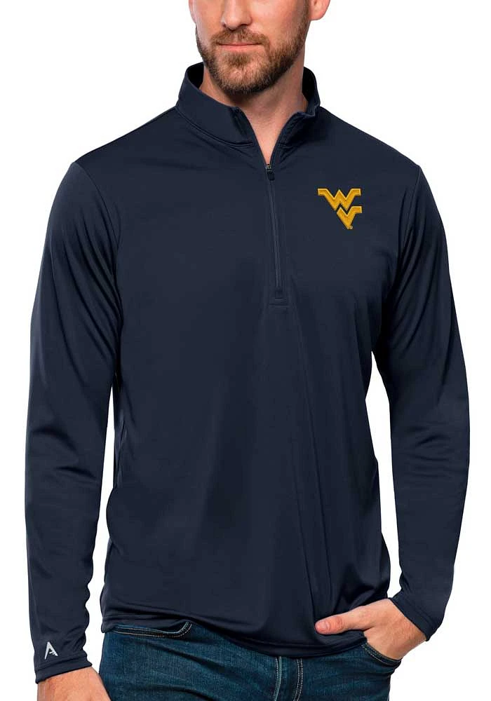 Antigua West Virginia Mountaineers Mens Navy Blue Tribute Long Sleeve Qtr Zip Pullover
