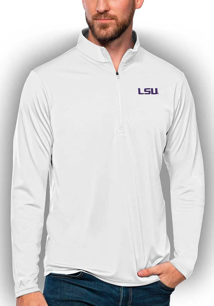 Antigua LSU Tigers Mens White Tribute Long Sleeve Qtr Zip Pullover
