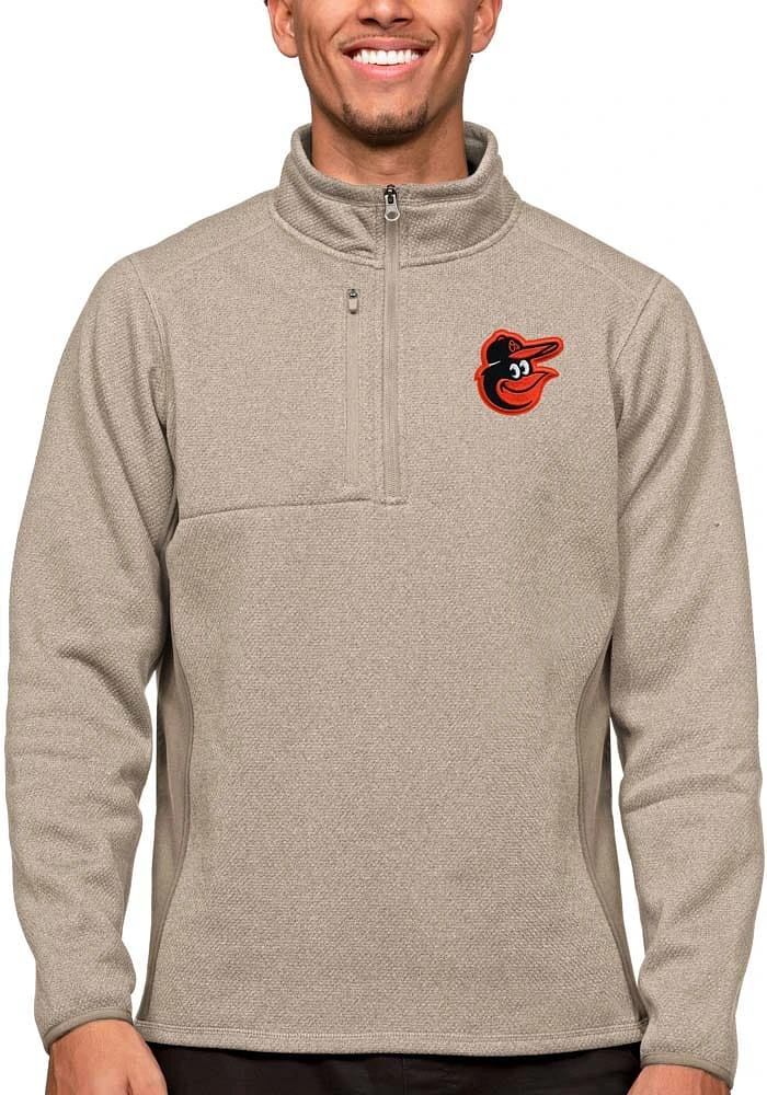 Antigua Baltimore Orioles Mens Oatmeal Course Long Sleeve Qtr Zip Pullover