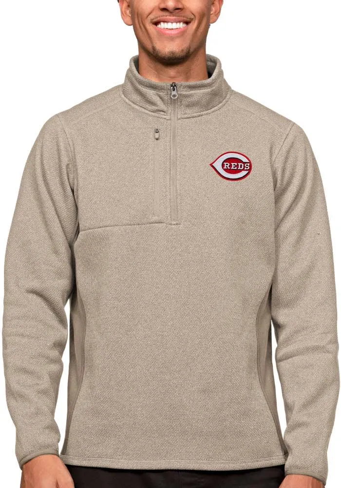 Antigua Cincinnati Reds Mens Oatmeal Course Long Sleeve 1/4 Zip Pullover