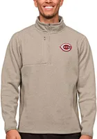 Antigua Cincinnati Reds Mens Oatmeal Course Long Sleeve Qtr Zip Pullover