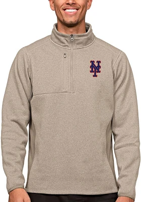 Antigua New York Mets Mens Oatmeal Course Long Sleeve Qtr Zip Pullover