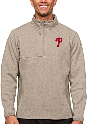 Antigua Philadelphia Phillies Mens Oatmeal Course Long Sleeve Qtr Zip Pullover