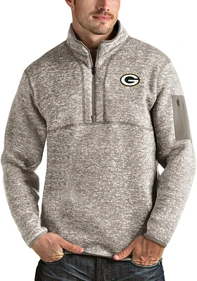 Antigua Green Bay Packers Mens Oatmeal Fortune Long Sleeve Qtr Zip Pullover