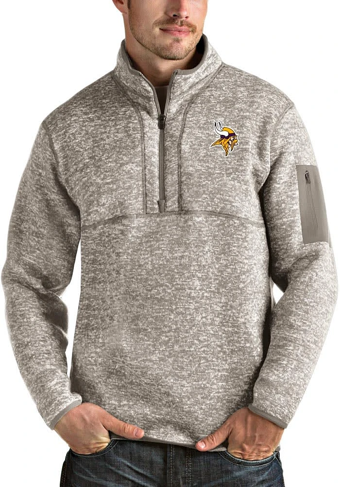 Antigua Minnesota Vikings Mens Oatmeal Fortune Long Sleeve Qtr Zip Pullover