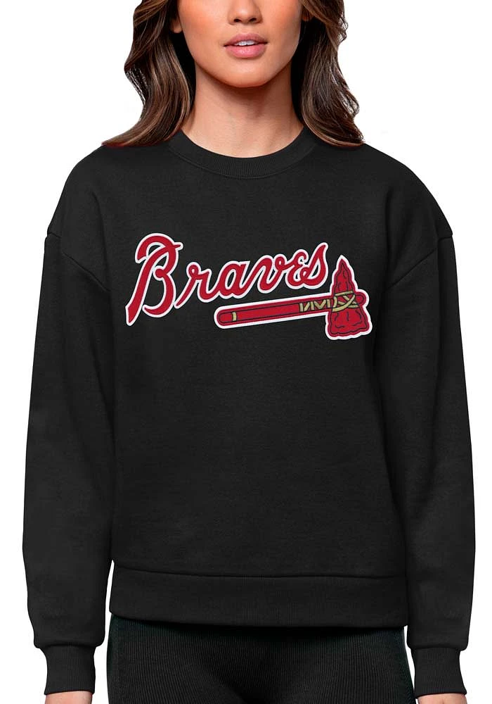 Antigua Atlanta Braves Womens Black Full Front Victory Crew Sweatshirt
