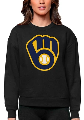 Antigua Milwaukee Brewers Womens Black Full Front Victory Crew Sweatshirt