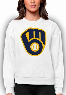 Antigua Milwaukee Brewers Womens White Full Front Victory Crew Sweatshirt