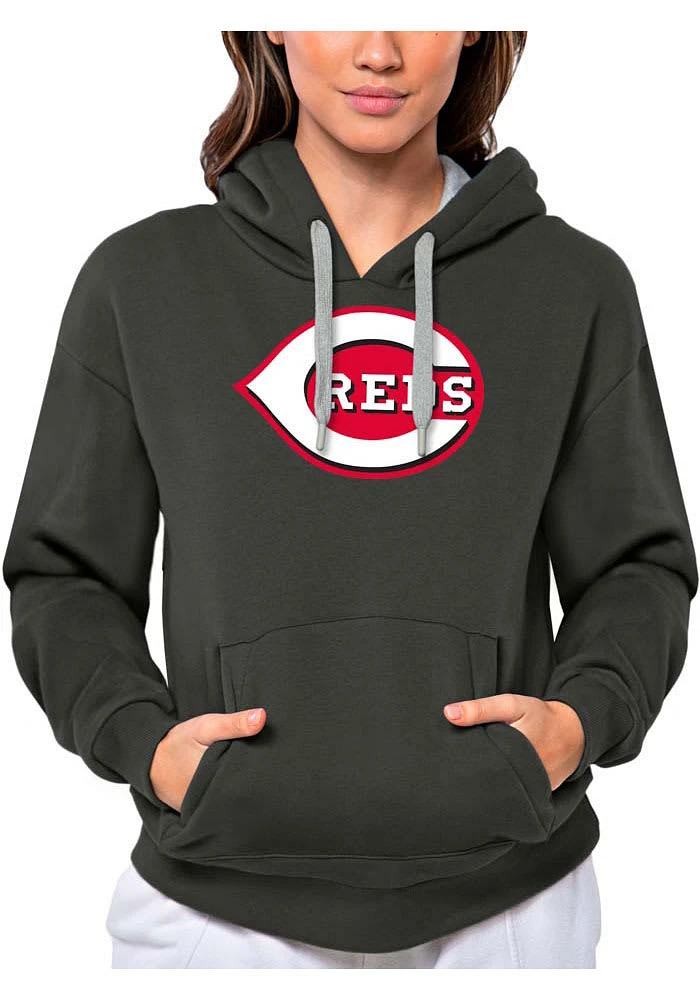 Antigua Cincinnati Reds Womens Charcoal Full Front Victory Hooded Sweatshirt