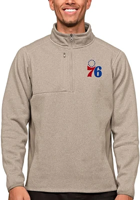 Antigua Philadelphia 76ers Mens Oatmeal Course Long Sleeve Qtr Zip Pullover
