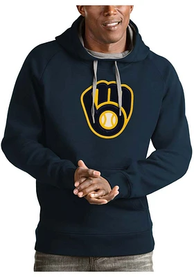 Antigua Milwaukee Brewers Mens Navy Blue Full Front Victory Long Sleeve Hoodie