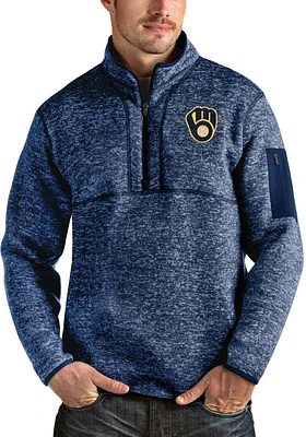 Antigua Milwaukee Brewers Mens Navy Blue Fortune Long Sleeve Qtr Zip Pullover
