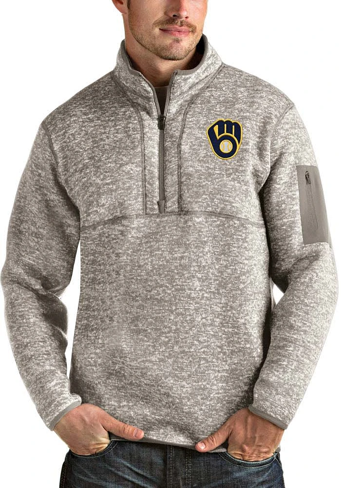 Antigua Milwaukee Brewers Mens Oatmeal Fortune Long Sleeve Qtr Zip Pullover