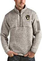 Antigua Milwaukee Brewers Mens Oatmeal Fortune Long Sleeve Qtr Zip Pullover
