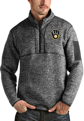 Antigua Milwaukee Brewers Mens Grey Fortune Long Sleeve Qtr Zip Pullover