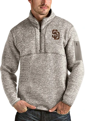 Antigua San Diego Padres Mens Oatmeal Fortune Long Sleeve Qtr Zip Pullover