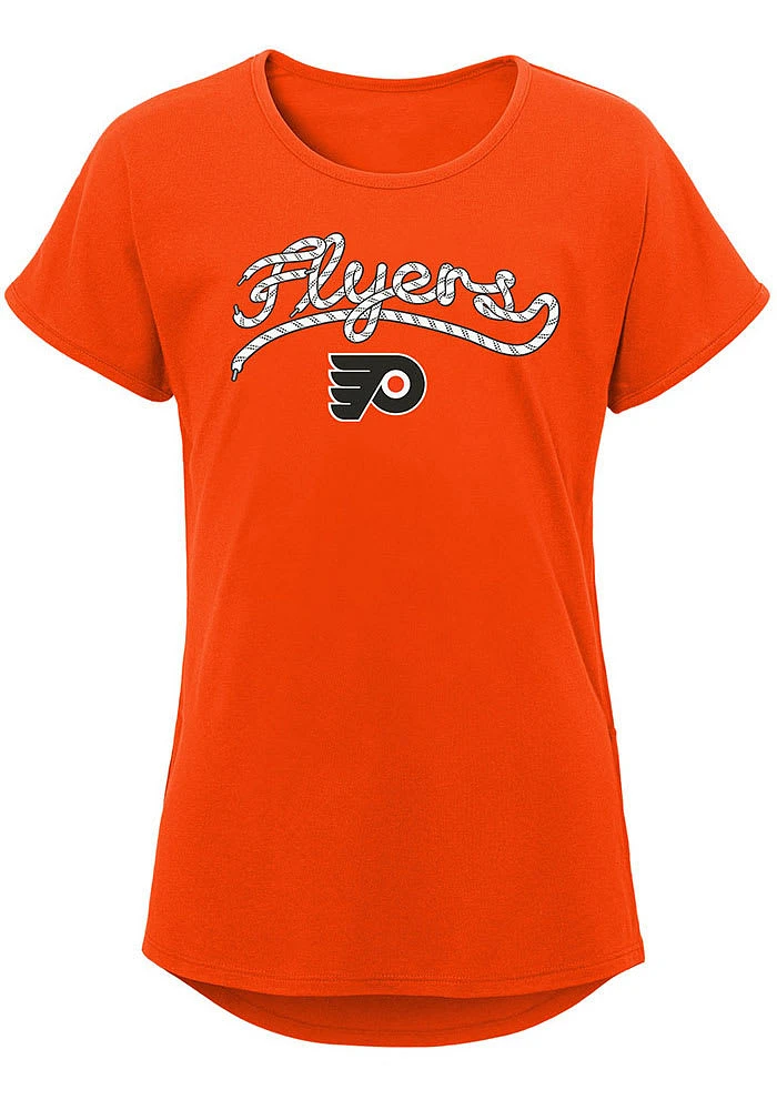 Philadelphia Flyers Girls Orange Lace Script Short Sleeve Tee
