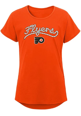 Philadelphia Flyers Girls Orange Lace Script Short Sleeve Tee
