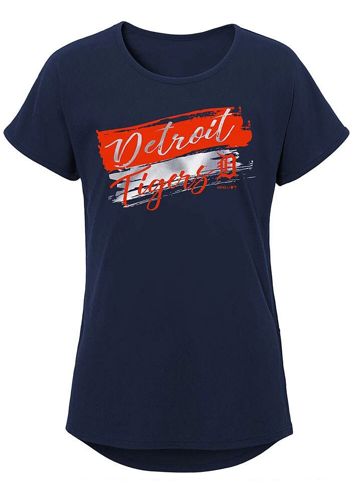 Detroit Tigers Girls Navy Blue Brush Stroke Short Sleeve Tee