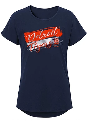 Detroit Tigers Girls Navy Blue Brush Stroke Short Sleeve Tee