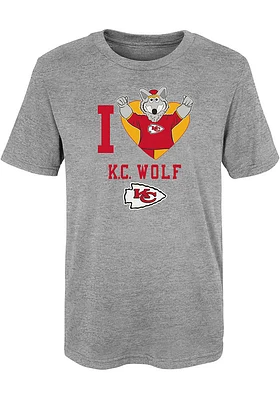 KC Wolf  Outer Stuff Kansas City Chiefs Girls Grey Love Mascot Short Sleeve T-Shirt