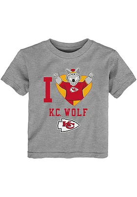 KC Wolf  Outer Stuff Kansas City Chiefs Toddler Girls Grey Love Mascot Short Sleeve T-Shir..