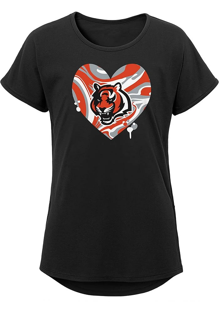 Cincinnati Bengals Girls Black Drip Heart Short Sleeve Tee