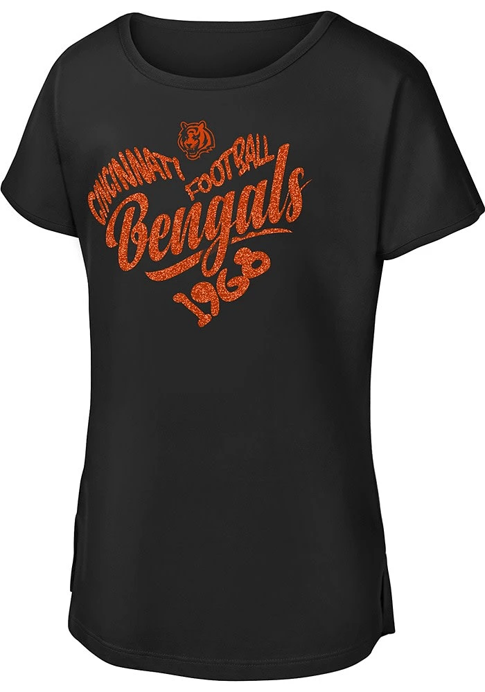 Cincinnati Bengals Girls Black Script Heart Short Sleeve Tee