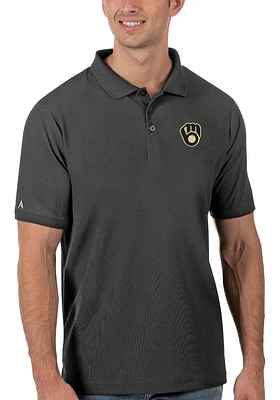 Antigua Milwaukee Brewers Mens Grey Legacy Pique Short Sleeve Polo