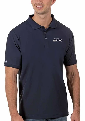 Antigua Seattle Seahawks Mens Navy Blue Legacy Pique Short Sleeve Polo