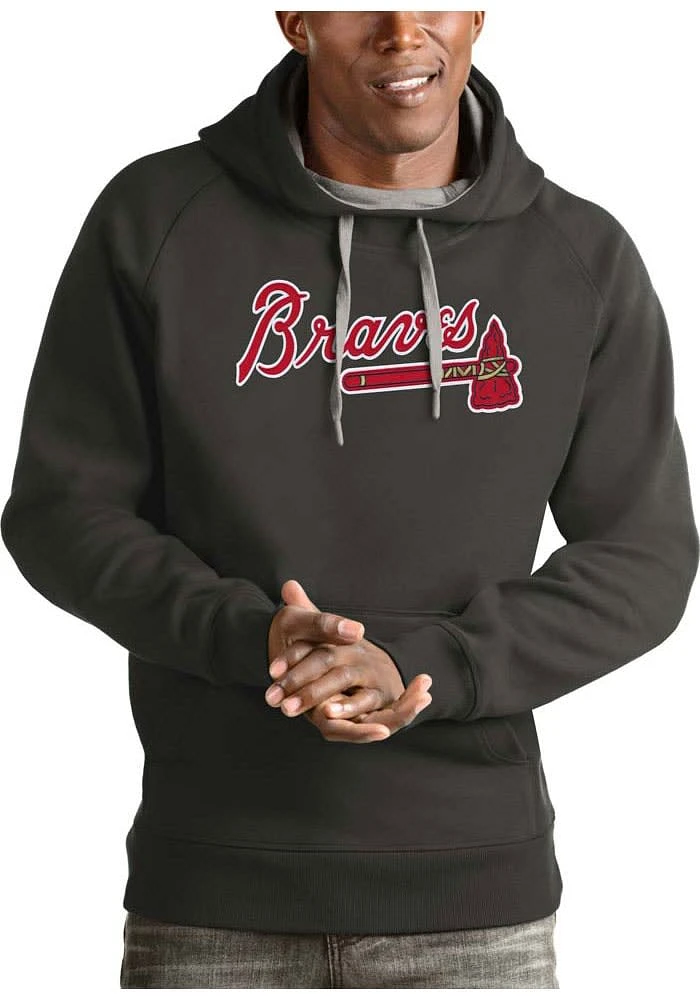 Antigua Atlanta Braves Mens Charcoal Full Front Victory Long Sleeve Hoodie