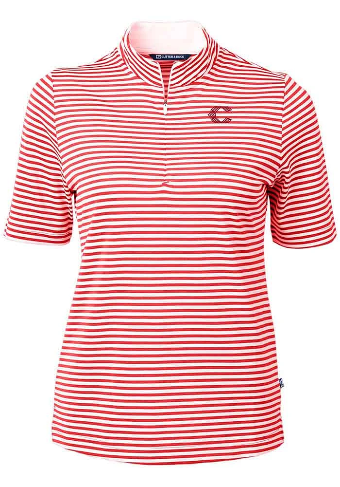 Cutter and Buck Cincinnati Reds Womens Red City Connect Virtue Eco Pique Stripe Short Sleeve Pol..