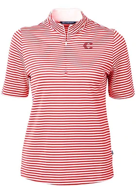 Cutter and Buck Cincinnati Reds Womens Red City Connect Virtue Eco Pique Stripe Short Sleeve Pol..