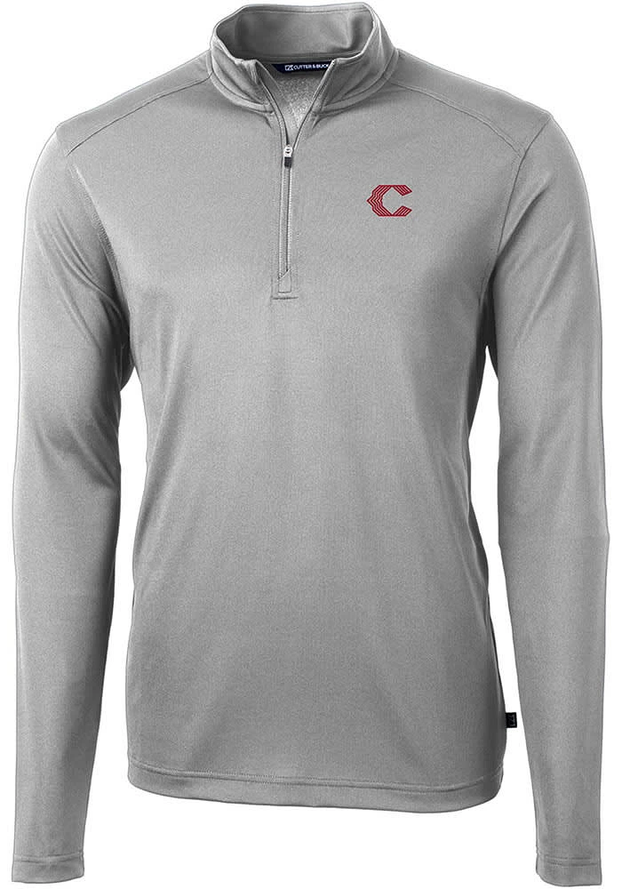 Cutter and Buck Cincinnati Reds Mens Grey City Connect Virtue Eco Pique Long Sleeve Qtr Zip Pull..