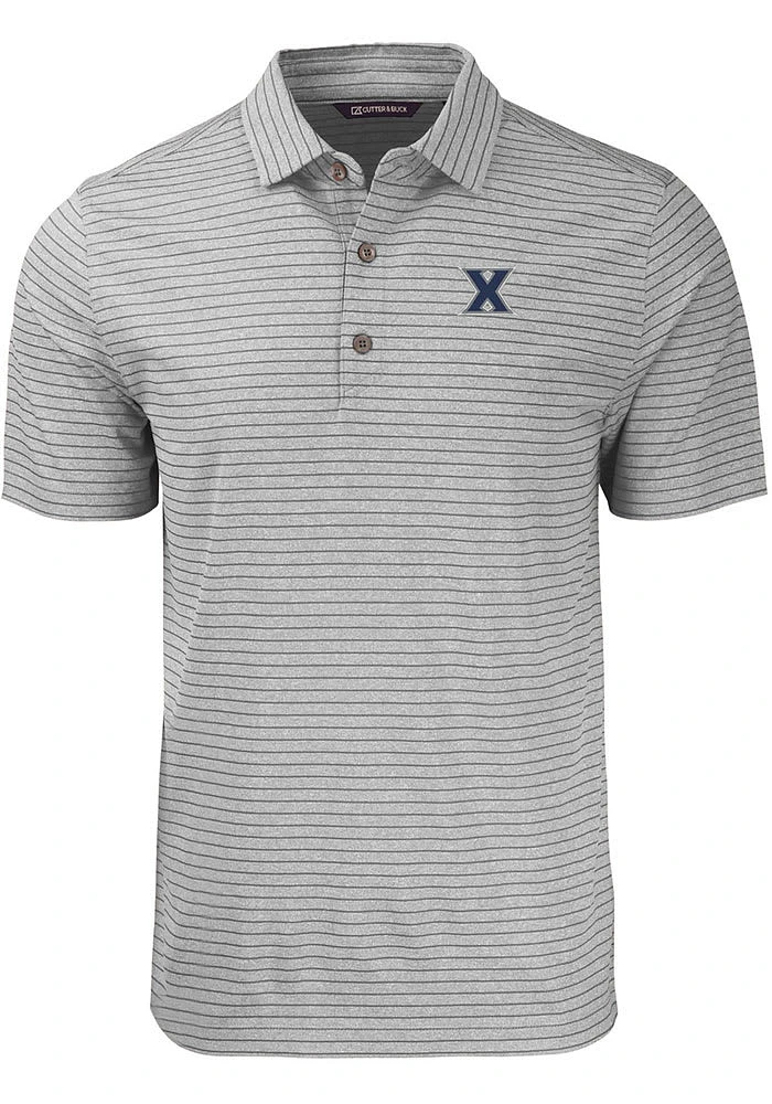 Cutter and Buck Xavier Musketeers Mens Grey Forge Heather Stripe Short Sleeve Polo