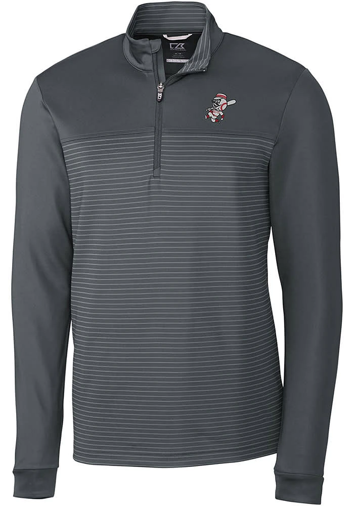 Cutter and Buck Cincinnati Reds Mens Grey Cooperstown Traverse Stripe Long Sleeve Qtr Zip Pullover