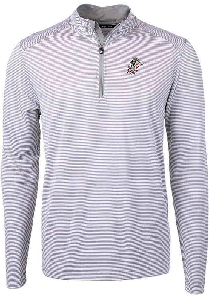 Cutter and Buck Cincinnati Reds Mens Grey Cooperstown Virtue Eco Pique Micro Stripe Long Sleeve ..