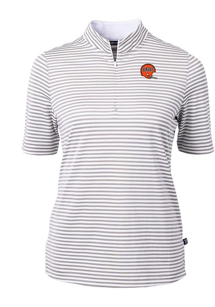 Cutter and Buck Cincinnati Bengals Womens Grey Historic Virtue Eco Pique Stripe Short Sleeve Pol..