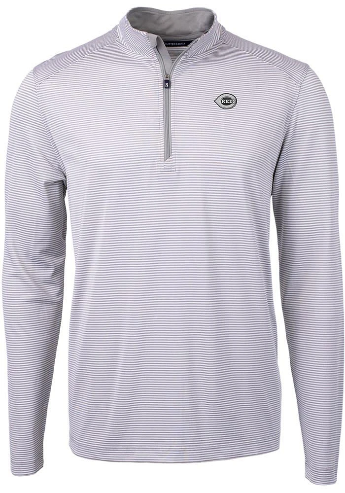 Cutter and Buck Cincinnati Reds Mens Grey Mono Virtue Eco Pique Micro Stripe Long Sleeve Qtr Zip..