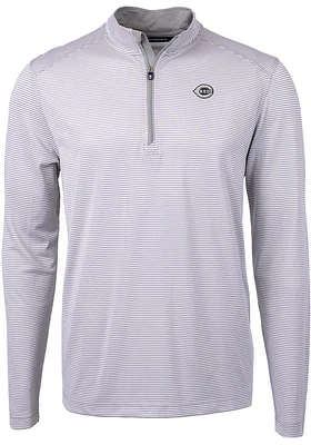 Cutter and Buck Cincinnati Reds Mens Grey Mono Virtue Eco Pique Micro Stripe Long Sleeve Qtr Zip..