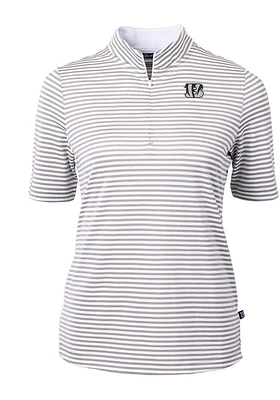 Cutter and Buck Cincinnati Bengals Womens Grey Mono Virtue Eco Pique Stripe Short Sleeve Polo Sh..