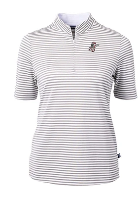 Cutter and Buck Cincinnati Reds Womens Grey Cooperstown Virtue Eco Pique Stripe Short Sleeve Pol..