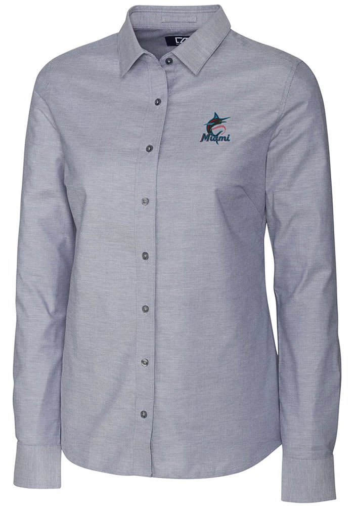 Cutter and Buck Miami Marlins Womens Stretch Oxford Long Sleeve Grey Dress Shirt