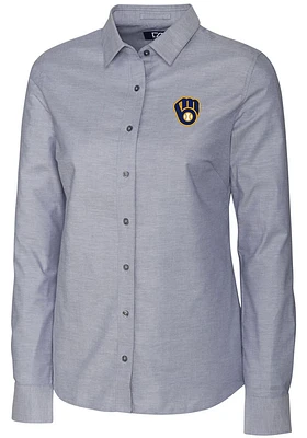 Cutter and Buck Milwaukee Brewers Womens Stretch Oxford Long Sleeve Grey Dress Shirt