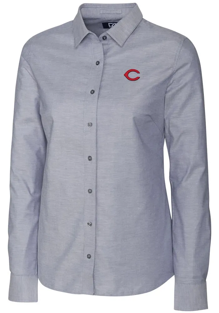 Cutter and Buck Cincinnati Reds Womens Stretch Oxford Long Sleeve Grey Dress Shirt