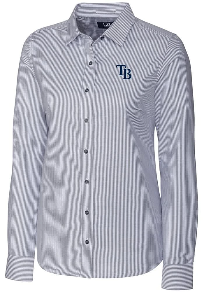 Cutter and Buck Tampa Bay Rays Womens Stretch Oxford Stripe Long Sleeve Grey Dress Shirt